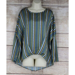 Umgee Womens Size Small Medium Striped Raglan Satin Blouse Top Shirt Blue Yellow